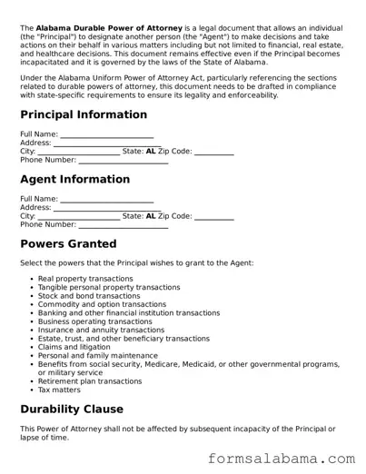 Attorney-Approved  Durable Power of Attorney Form for Alabama