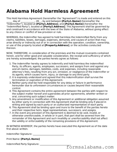 Attorney-Approved  Hold Harmless Agreement Form for Alabama