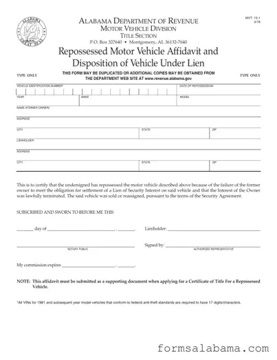 Fill Out a Valid Alabama Mvt 15 1 Template